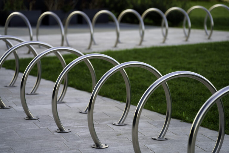 Citylife, modern park in Milan, Lombardy, Italy, with the Three Towers. Bicycle rack