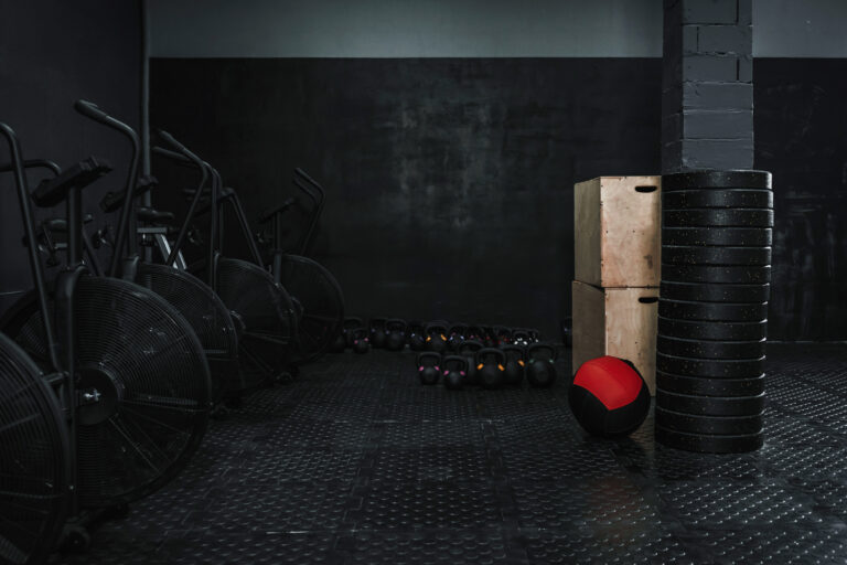 Empty gym with crossfit equipment. Copy space.